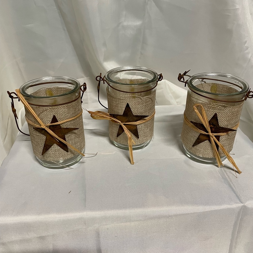 Rustic Star Burlap Glass Jar Candle Holders - Set of 3